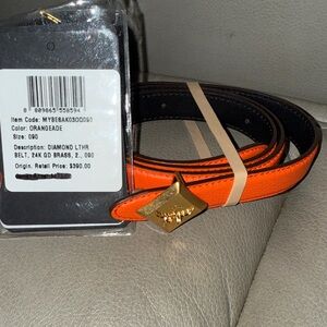 MCM Orange Diamond Shape Leather Belt with Gold Buckle
